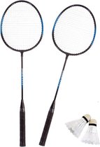 Badmintonset blauw/zwart met rackets shuttles en opbergtas 66 cm - voordelige badminton set