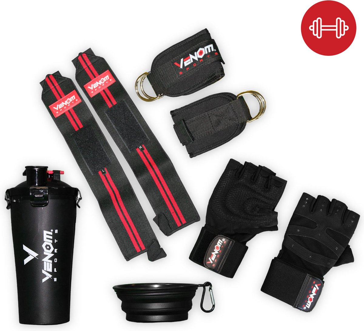 Venom Sports 4-delige fitness set – fitness handschoenen – ankle strap – lifting straps - wrist straps voor stevigheid – gebruiksvriendelijke shakebeker of drinkbeker – zwart – maat m – 700ml