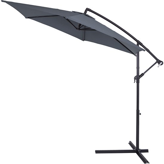 Donkergrijze zweefparasol met zwarte paal en kruisvoet, op een witte achtergrond.