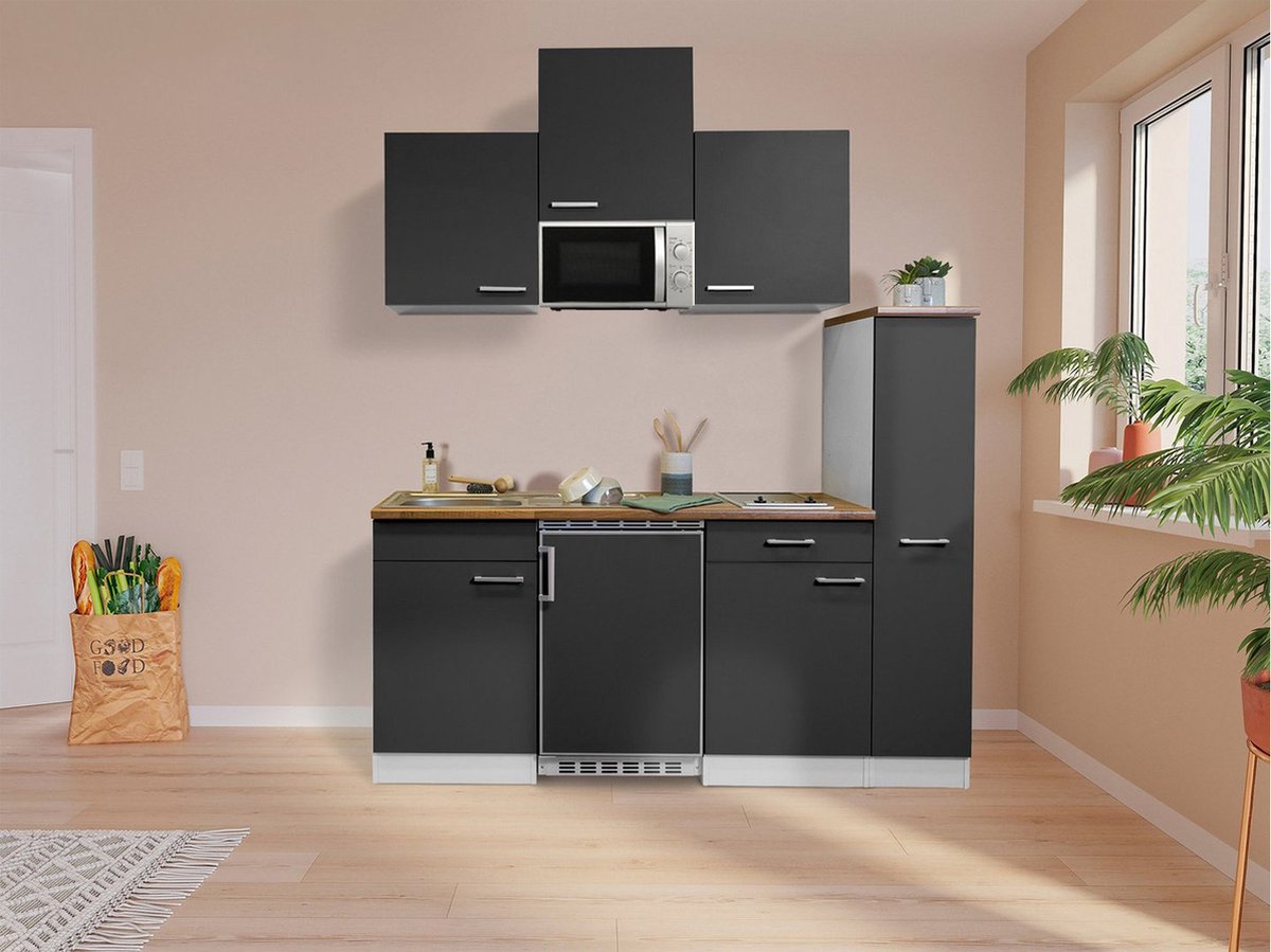 Goedkope keuken 180 cm - complete kleine keuken met apparatuur Luis - Wit/Grijs - elektrische kookplaat - koelkast - magnetron - mini keuken - compacte keuken - keukenblok met apparatuur