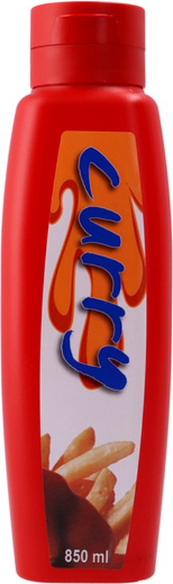 Fles currysaus met oranje vlammen en frietjes, 850 ml.