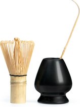 Oliva's - Service à thé matcha avec batteur/fouet en Bamboe (100 pinceaux/dents), porte-fouet (noir) et cuillère