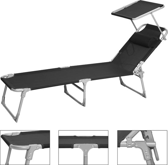 ACAZA Ligbed - Ligstoel Tuin - Ligbed met Hoofdsteun, Zonnescherm & verstelbare Rugleuning - Ligstoelen inklapbaar - 53 x 193 x 29,5 cm - tot 150 kg Belastbaar - Zwart - Acaza