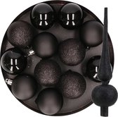 12x stuks kunststof kerstballen 6 cm inclusief glitter piek zwart - Kerstversiering