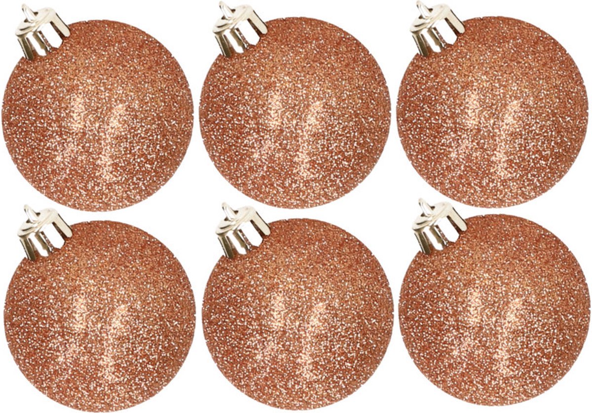 6x stuks kunststof glitter kerstballen koper 8 cm - Onbreekbare plastic kerstballen