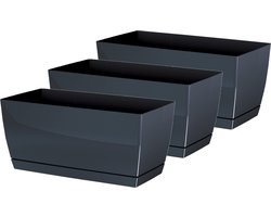 Prosperplast Plantenpot/bloempot met opvangschaal - 3x - kunststof - antraciet 24 x 12 x 11 cm - binnen/buiten