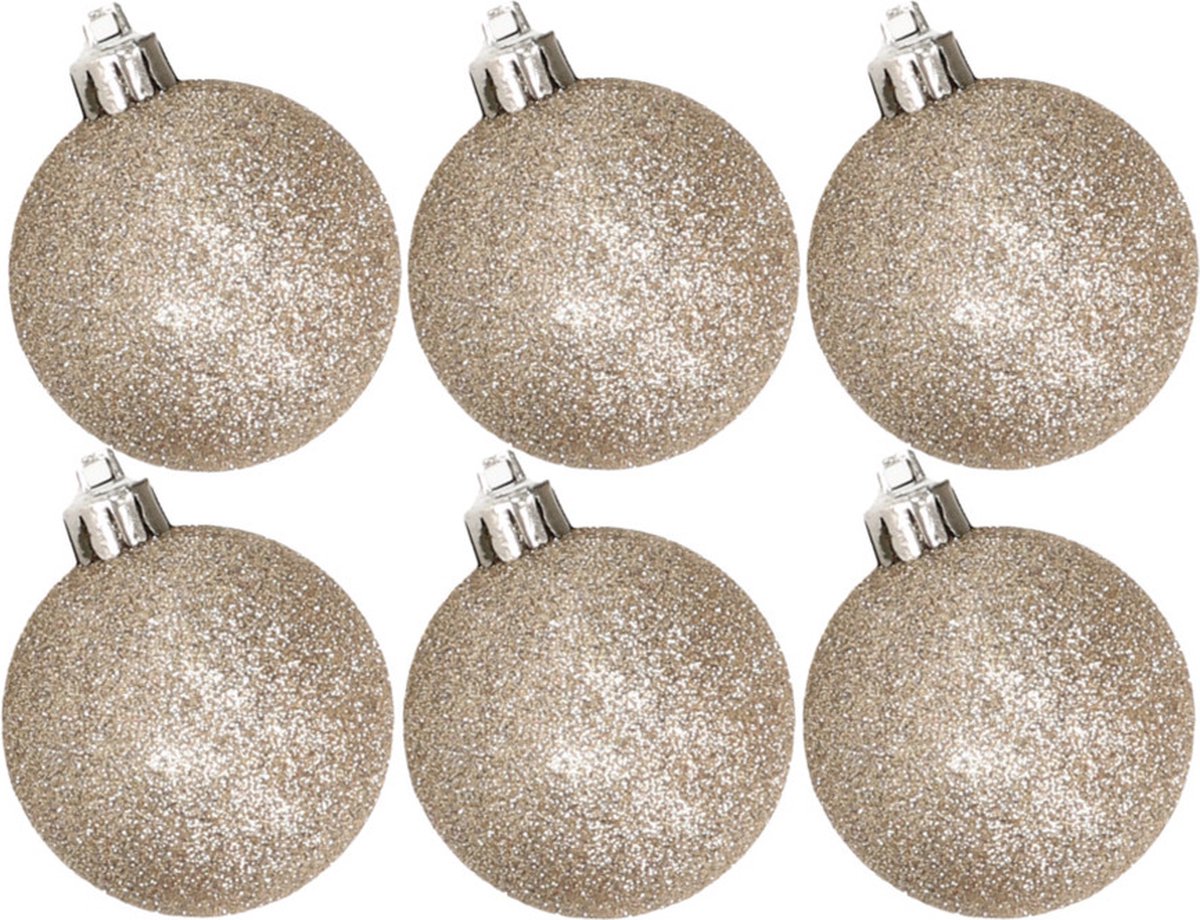 6x stuks kunststof glitter kerstballen champagne 6 cm - Onbreekbare kerstballen - Kerstversiering