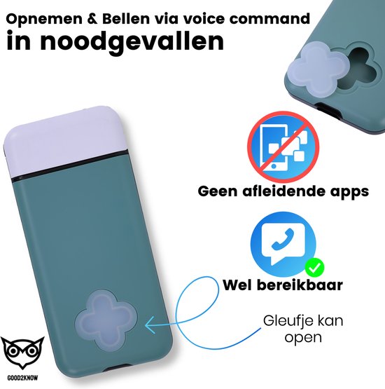 Groene telefoonkluis met witte bovenkant, met icoontjes die geen afleidende apps en wel bereikbaarheid aangeven.