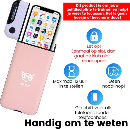 Good2know Telefoon Kluis met Tijdslot - Roze - Timer – Voor één telefoon - Kluis - Kitchen Safe – meer Focus & Zelfdiscipline - studiehulp