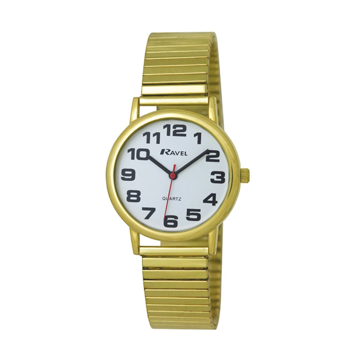 Ravel - heren gemakkelijk te lezen roestvrijstalen expander armband horloge met grote getallen (36mm horlogekast) - Analoge Kwarts - R0208.01.1S - goudkleurig / witte wijzerplaat
