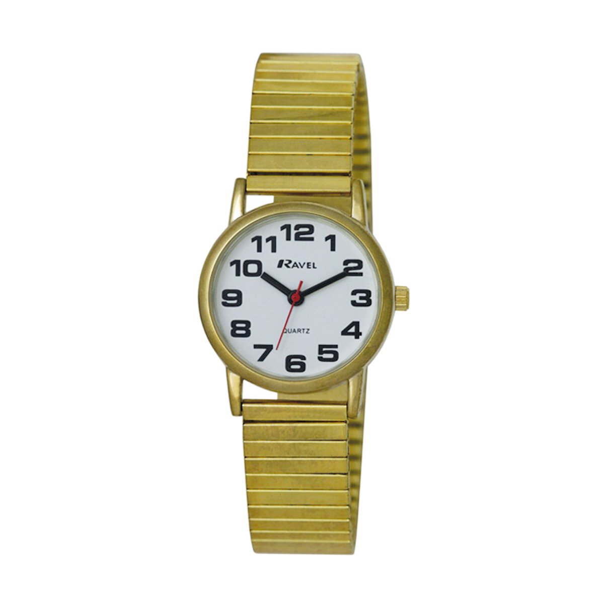 Ravel - dames gemakkelijk te lezen roestvrijstalen expander armband horloge met grote getallen (27mm horlogekast) - Analoge Kwarts - R0208.01.2S - goudkleurig / witte wijzerplaat