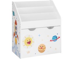 Hoppa! Speelgoedplank, boekenplank voor kinderen, kinderkamerplank met 3 vakken en uittrekbare speelgoeddoos met wielen, speelgoed organizer, kinderkamer, voor boeken, speelgoed, witte