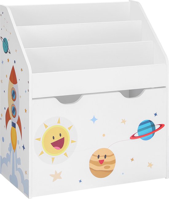 Hoppa! Speelgoedplank, boekenplank, boekenkast voor kinderen, kinderkamerplank met 3 vakken en uittrekbare speelgoeddoos met wielen, speelgoed organizer, kinderkamer, voor boeken, speelgoed, witte
