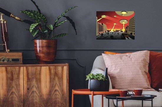 Poster 40x30 cm - Een illustratie van UFO's die een stad aanvallen - Jongens - Meisjes - Kinderen - Kind - Posters - Kamer decoratie - Wanddecoratie woonkamer - Muurdecoratie slaapkamer
