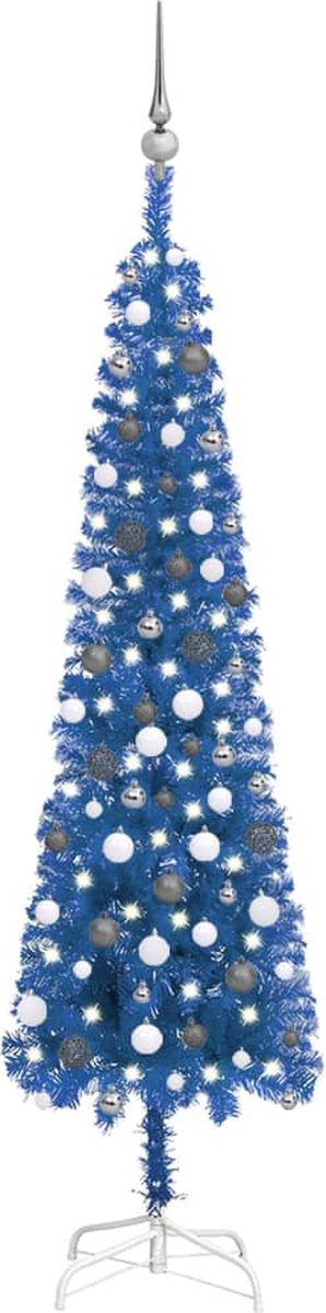 VidaLife Kerstboom met LED's en kerstballen smal 210 cm blauw
