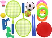 Ensemble de jeu d'été - 16 pièces - Jouer dehors - Ensemble de luxe - Frisbee - Raquette de tennis - Voetbal - Pistolet à eau - Lancer d'anneaux - Frisbee
