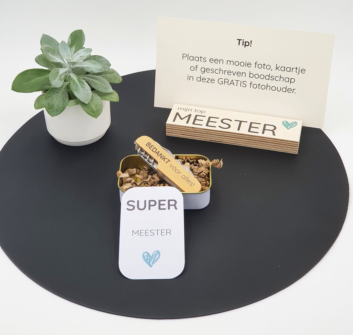 Meester cadeau - Zakmes in schuifdoosje + gratis fotohouder, ideaal als bedankje op het einde van het schooljaar!