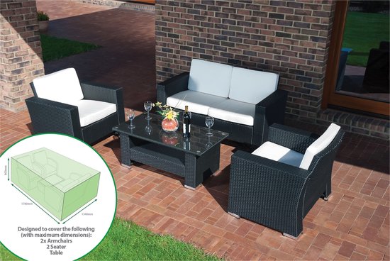 Zwarte polyrotan loungeset met witte kussens, glazen tafel, in een groene hoes.