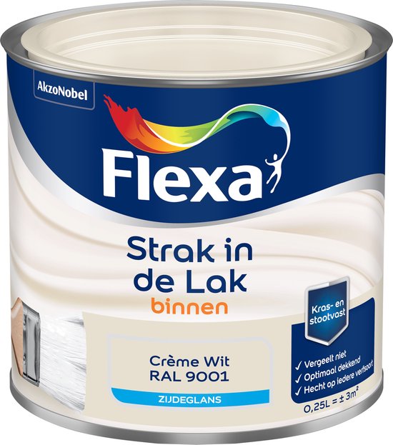Flexa Strak in de Lak - Watergedragen - Zijdeglans - crème wit RAL 9001 - 0,25 liter
