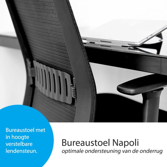 Close-up van de rugleuning van een zwarte bureaustoel met verstelbare lendensteun.