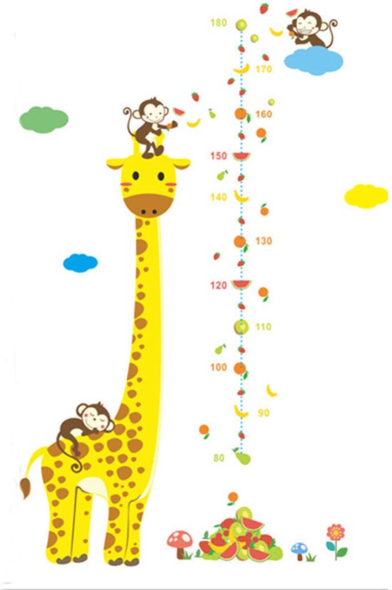 DW4Trading Groeimeter Baby Giraffe met 3 Aapjes - Muursticker - Wanddecoratie - 86x135 cm