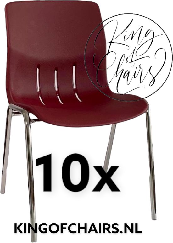 King of Chairs -set van 10- model KoC Denver bordeaux met verchroomd onderstel. Kantinestoel stapelstoel kuipstoel vergaderstoel tuinstoel kantine stoel stapel stoel Jolanda kantinestoelen stapelstoelen kuipstoelen stapelbare Napels eetkamerstoel