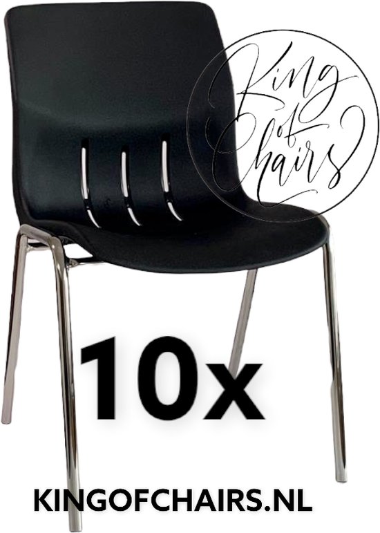 King of Chairs -set van 10- model KoC Denver zwart met verchroomd onderstel. Kantinestoel stapelstoel kuipstoel vergaderstoel tuinstoel kantine stoel stapel stoel Jolanda kantinestoelen stapelstoelen kuipstoelen stapelbare Napels eetkamerstoel