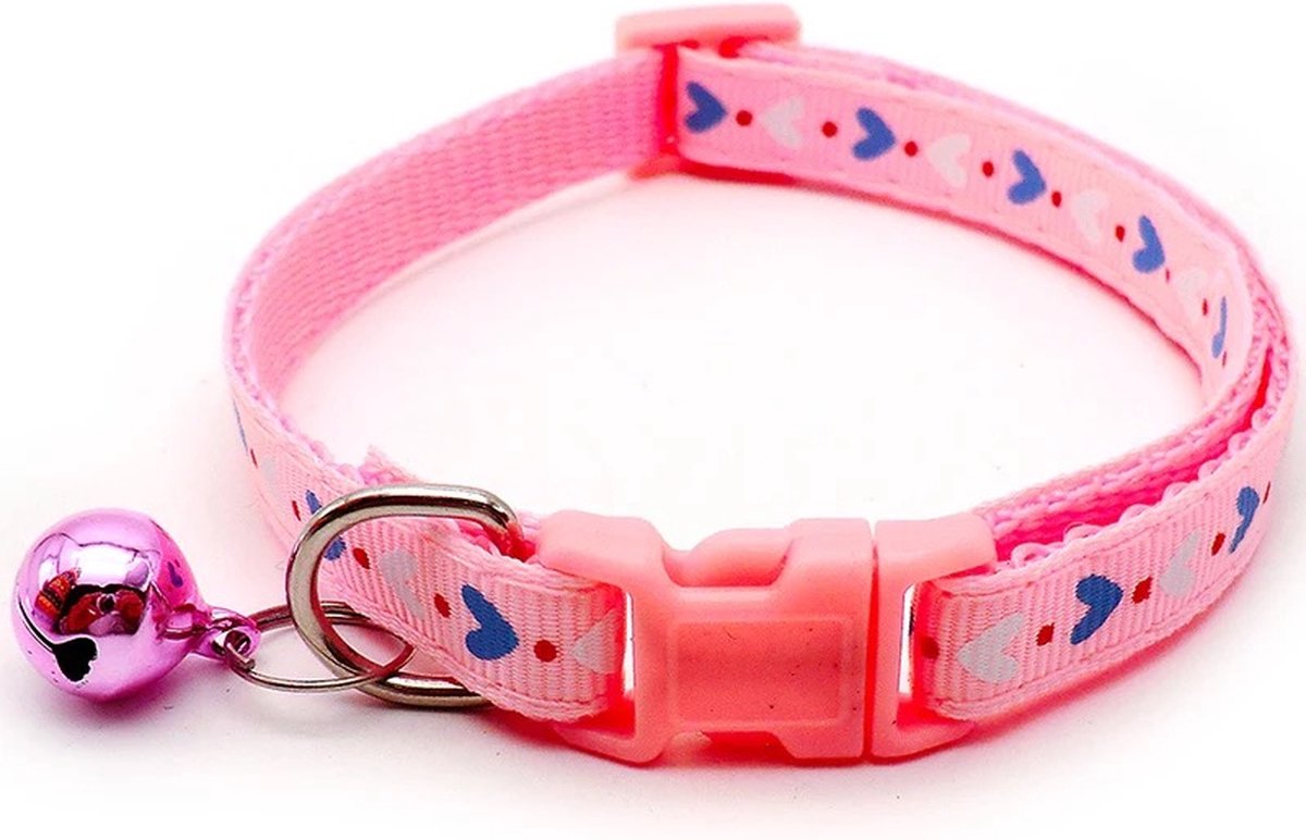 Premium Dierenhalsband met Harten Print en Belletje Roze | 19-33cm Verstelbaar | Geschikt voor Hond Kat Puppy en Kitten | Halsband | Halsbandje | Hondenhalsband | Hondenhalsbanden | Kattenhalsband | Kattenbandje met Belletje | Bel - Merkloos