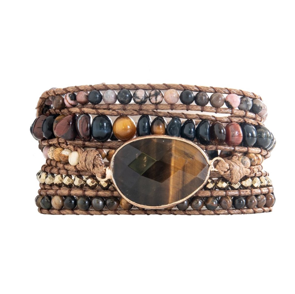 Marama - wikkelarmband Tiger - edelsteen tijgeroog - leer - 90 cm. - damesarmband