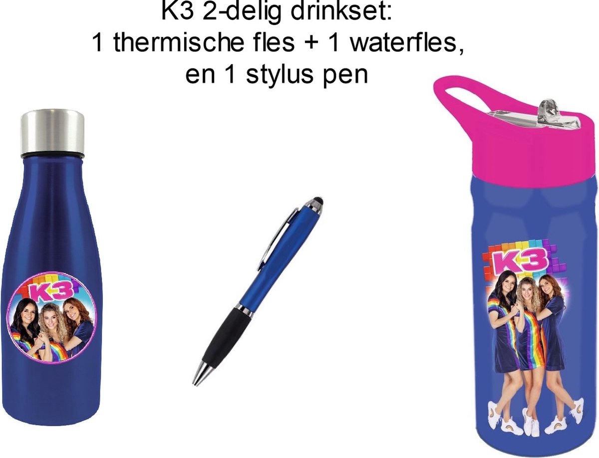 K3 2-delig drinkset: K3 drinkfles - donkerblauw/roze 500 ml + K3 thermosfles - blauw/350 ml - met Julia Hanne en Marthe - en 1 stylus pen.
