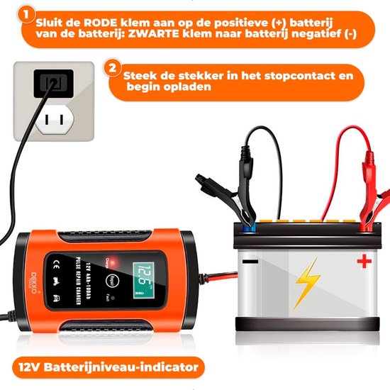 DEKKO TOOLS Acculader Druppellader - 12V universeel voor auto, motor, boot - 4Ah-100Ah