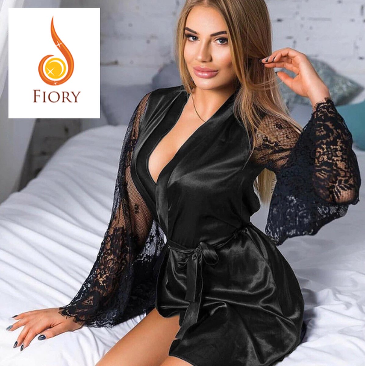 Fiory Kimono Zwart  Badjas Black F009   Met kant   Sexy Nachtkleding  zwart  Maat M