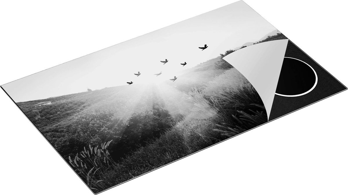 Chefcare Inductie Beschermer Silhouet Zwerm Vogels bij Zonsondergang - Zwart Wit - 85x55 cm - Afdekplaat Inductie - Kookplaat Beschermer - Inductie Mat