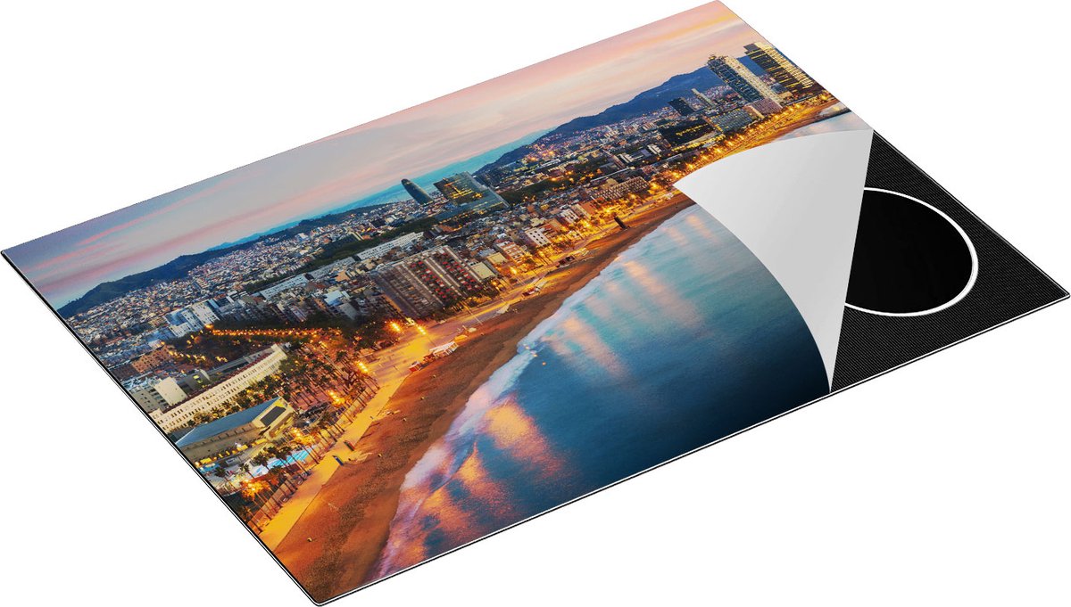 Chefcare Inductie Beschermer Barcelona Strand met Stad bij Zonsondergang - 75x50 cm - Afdekplaat Inductie - Kookplaat Beschermer - Inductie Mat