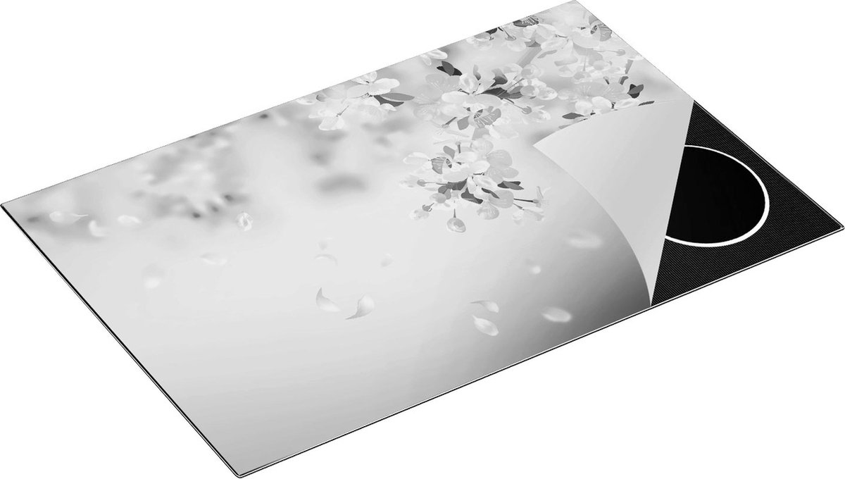 Chefcare Inductie Beschermer Appelbloesem - Bloemen - Zwart Wit - 78x52 cm - Afdekplaat Inductie - Kookplaat Beschermer - Inductie Mat