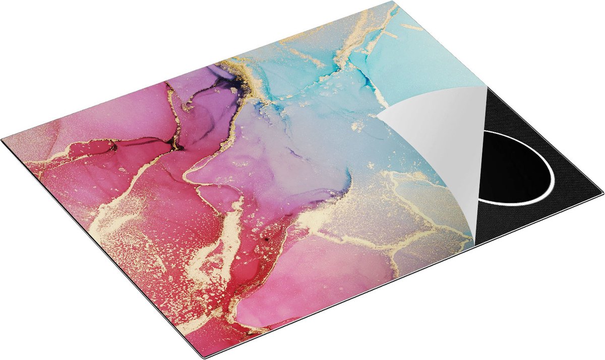 Chefcare Inductie Beschermer Abstracte Kunst van Marmer - Roze met Blauw - 65x55 cm - Afdekplaat Inductie - Kookplaat Beschermer - Inductie Mat