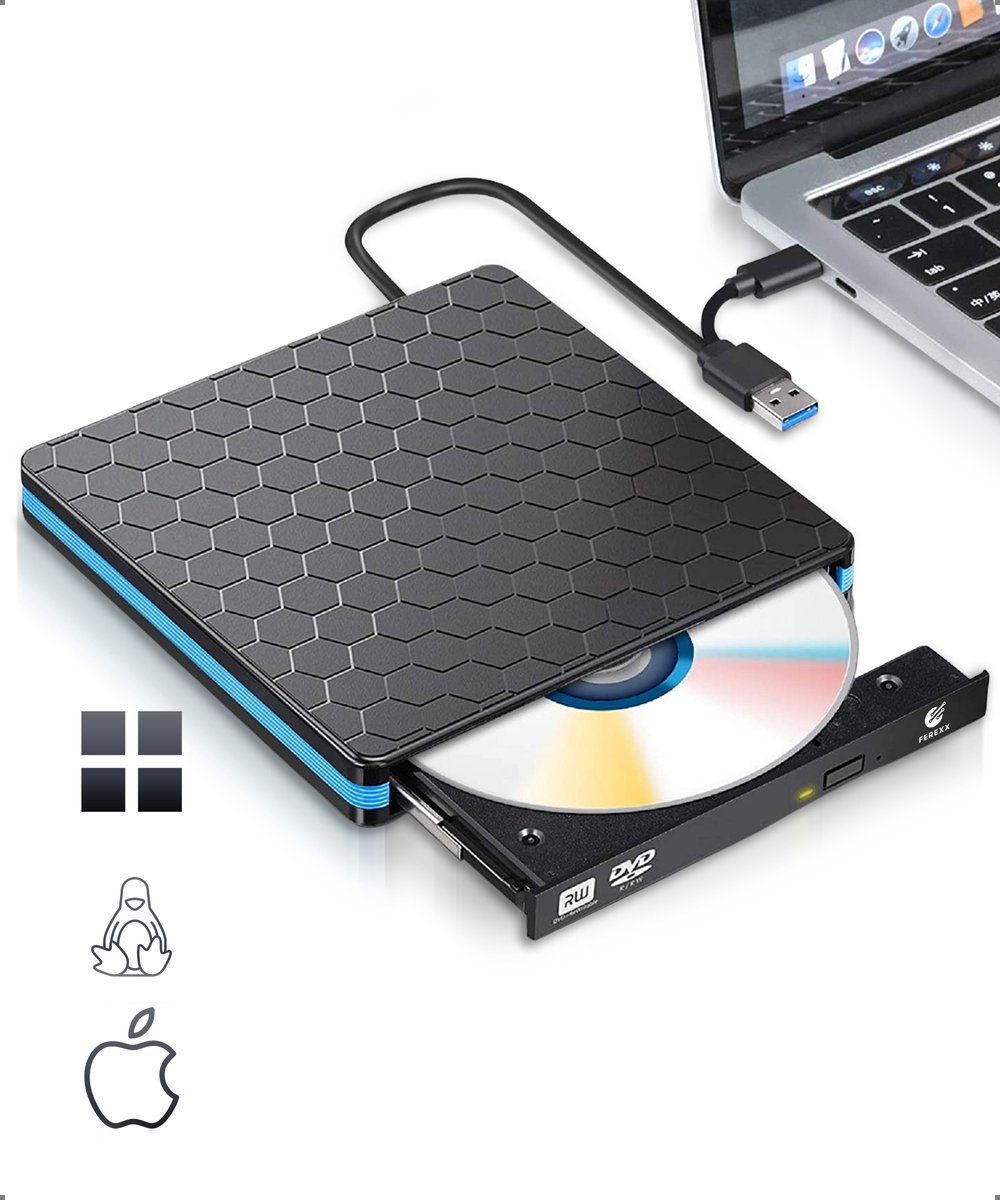 Ferexx - Externe CD/DVD Speler en Brander voor laptop en PC - USB 3.0 & USB-C - Zwart - Ferexx