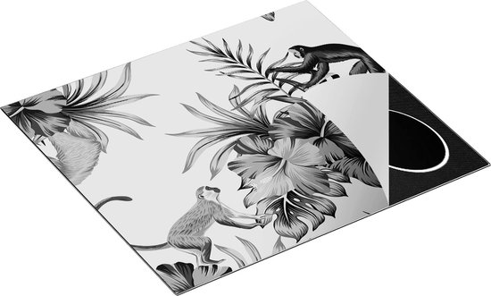 Chefcare Inductie Beschermer Tropische Bloemen met Apen Achtergrond - Zwart Wit - 59x52 cm - Afdekplaat Inductie - Kookplaat Beschermer - Inductie Mat