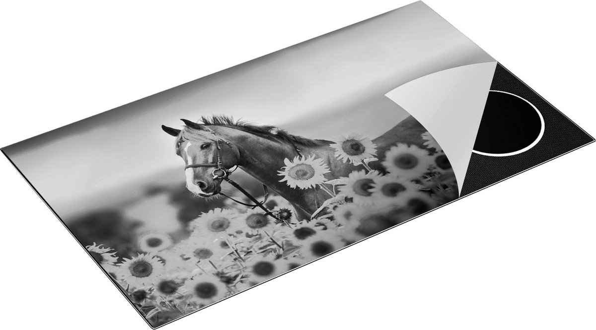 Chefcare Inductie Beschermer Bruin Paard tussen de Zonnebloemen - Zwart Wit - 91,6x52,7 cm - Afdekplaat Inductie - Kookplaat Beschermer - Inductie Mat