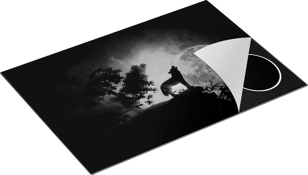 Chefcare Inductie Beschermer Huilende Wolf in Silhouet bij Volle Maan - Zwart Wit - 75x50 cm - Afdekplaat Inductie - Kookplaat Beschermer - Inductie Mat