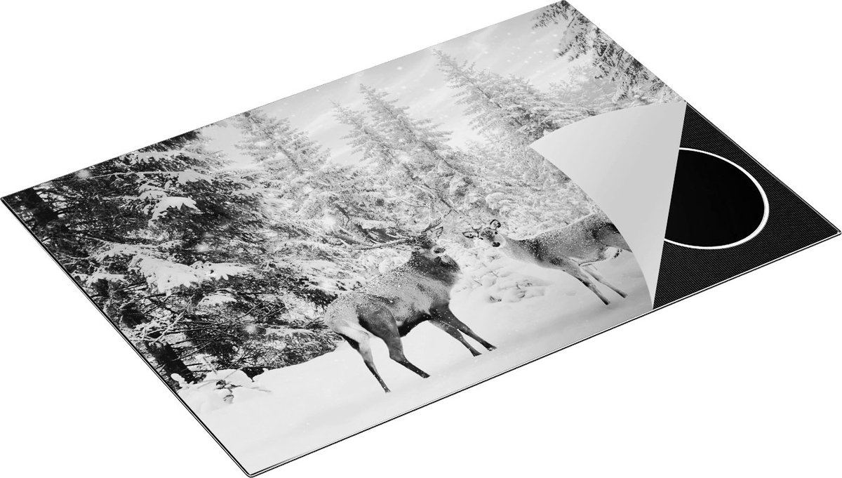 Chefcare Inductie Beschermer Twee Herten in het Bos met Sneeuw - Zwart Wit - 75x55 cm - Afdekplaat Inductie - Kookplaat Beschermer - Inductie Mat