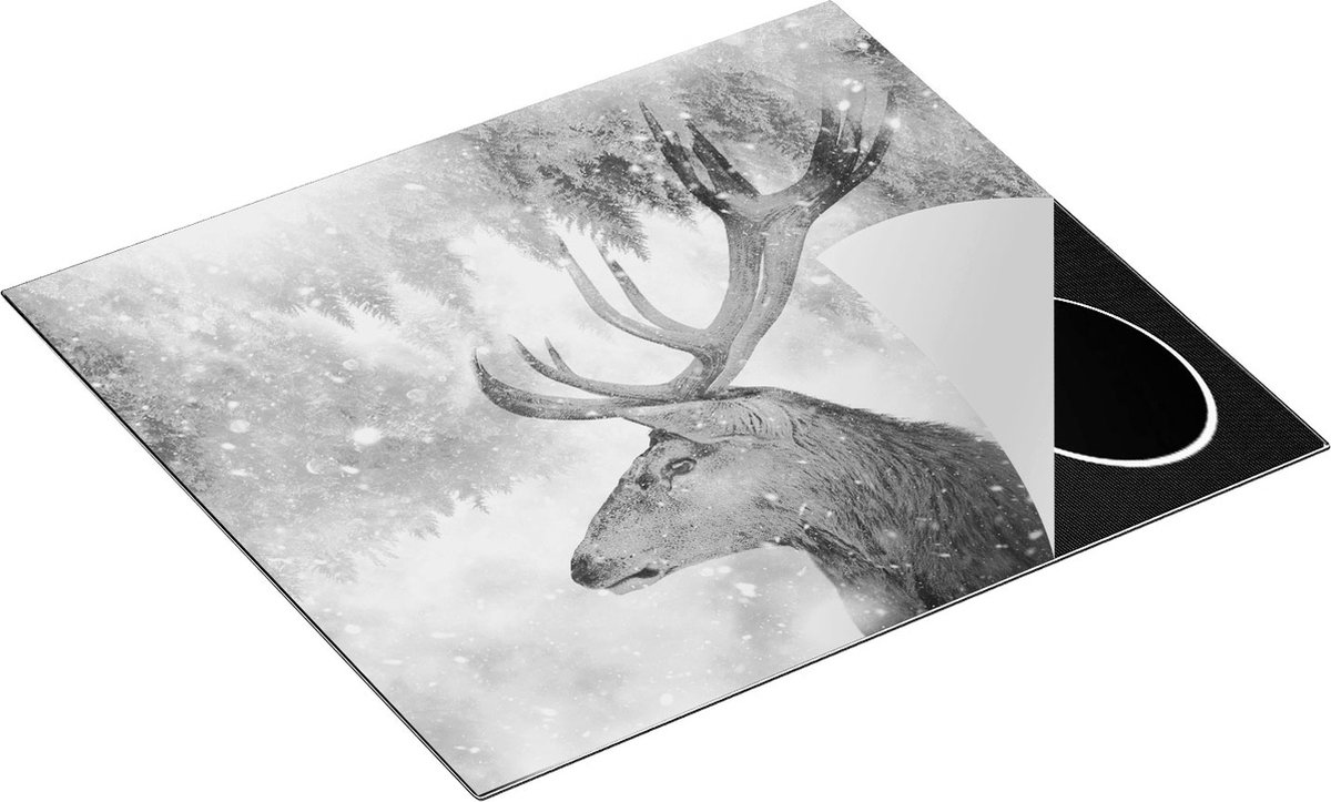 Chefcare Inductie Beschermer Hertenkop - Hert op een Bomen Achtergrond - Zwart Wit - 60x52 cm - Afdekplaat Inductie - Kookplaat Beschermer - Inductie Mat
