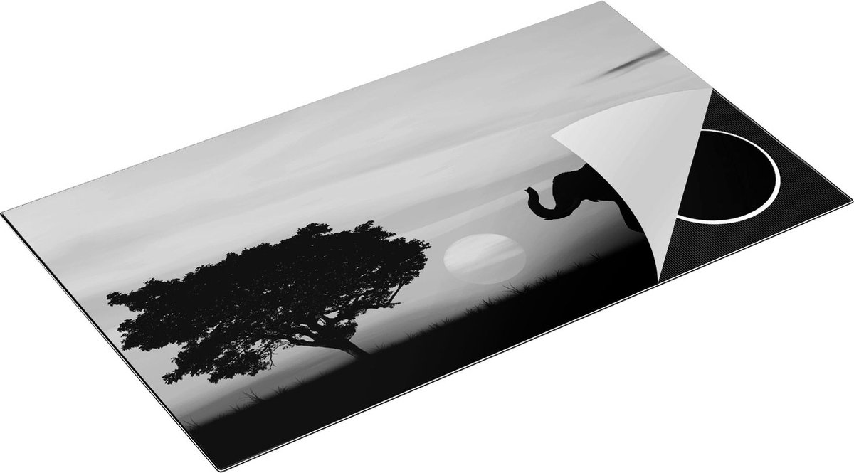 Chefcare Inductie Beschermer Olifant Silhouet tijdens Zonsondergang - Zwart Wit - 89,6x51,6 cm - Afdekplaat Inductie - Kookplaat Beschermer - Inductie Mat