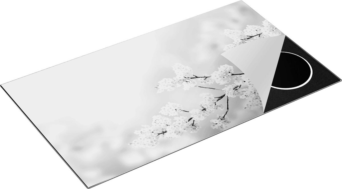 Chefcare Inductie Beschermer Roze Bloesem Bloemen - Zwart Wit - 91,2x52 cm - Afdekplaat Inductie - Kookplaat Beschermer - Inductie Mat