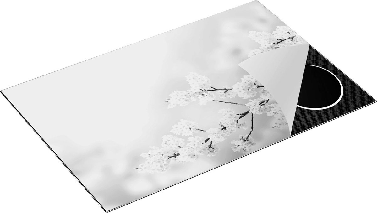 Chefcare Inductie Beschermer Roze Bloesem Bloemen - Zwart Wit - 83x51,5 cm - Afdekplaat Inductie - Kookplaat Beschermer - Inductie Mat