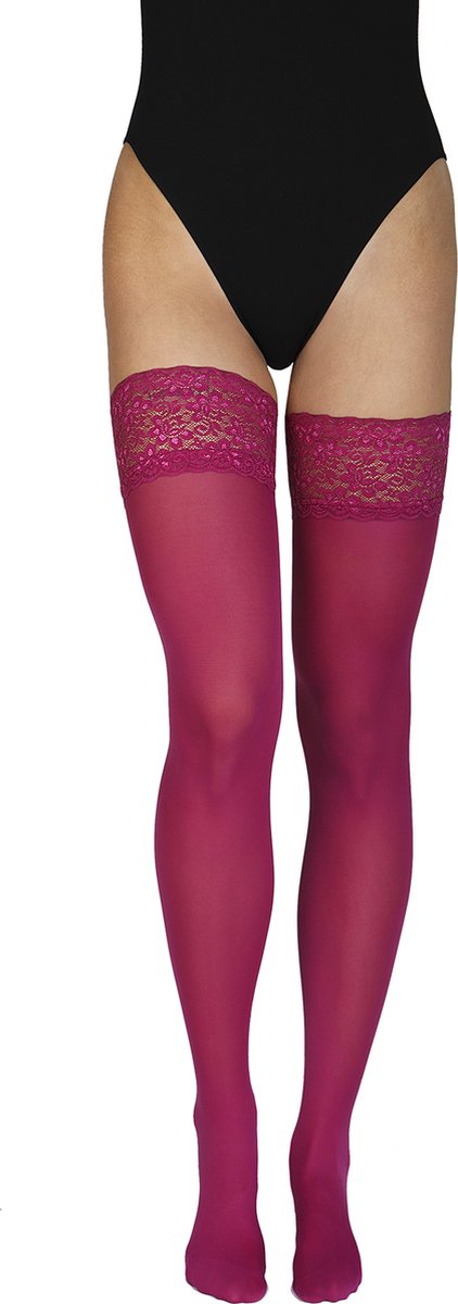 Annes ondoorzichtige Hold Up Kousen met kanten band Truss 60 denier, Plus Size,donker roze (Grape), maat XL/XXL ( 5/6)