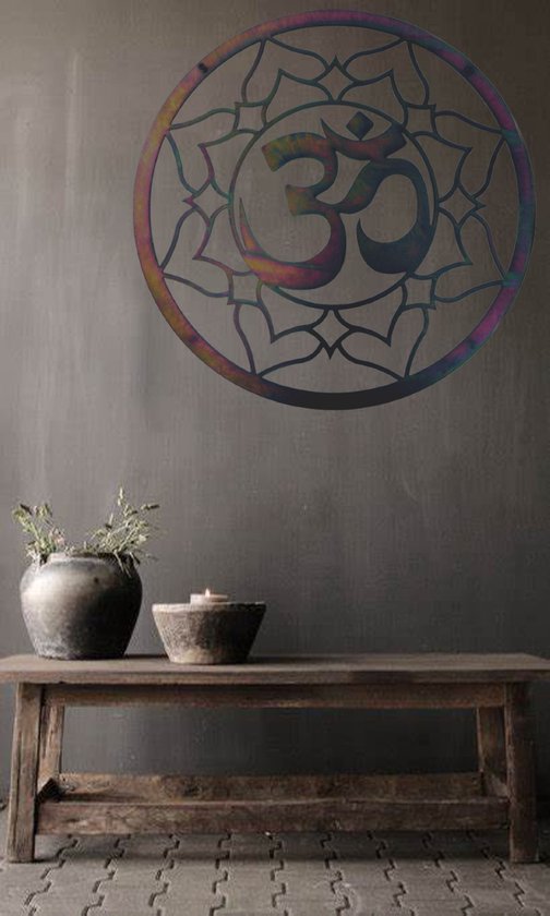 Décoration murale en acier - Groot 75cm - Ohm avec lotus - Couleur huileuse - Yoga - Qualité