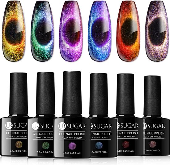 6 Stuks – Magnetische Cat Eye Gel Nagellak Set – Cat Magnet Eye Gel Polish Set – Holografische Glitter Gel Nagellak – UV Gel Nagellak – 6 Kleuren