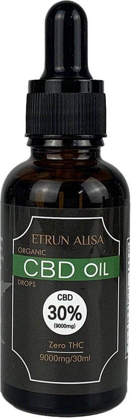 Bruine fles met ETRUN ALISA CBD OIL etiket, 30% CBD, 9000mg/30ml. Druppelflesje met dop.