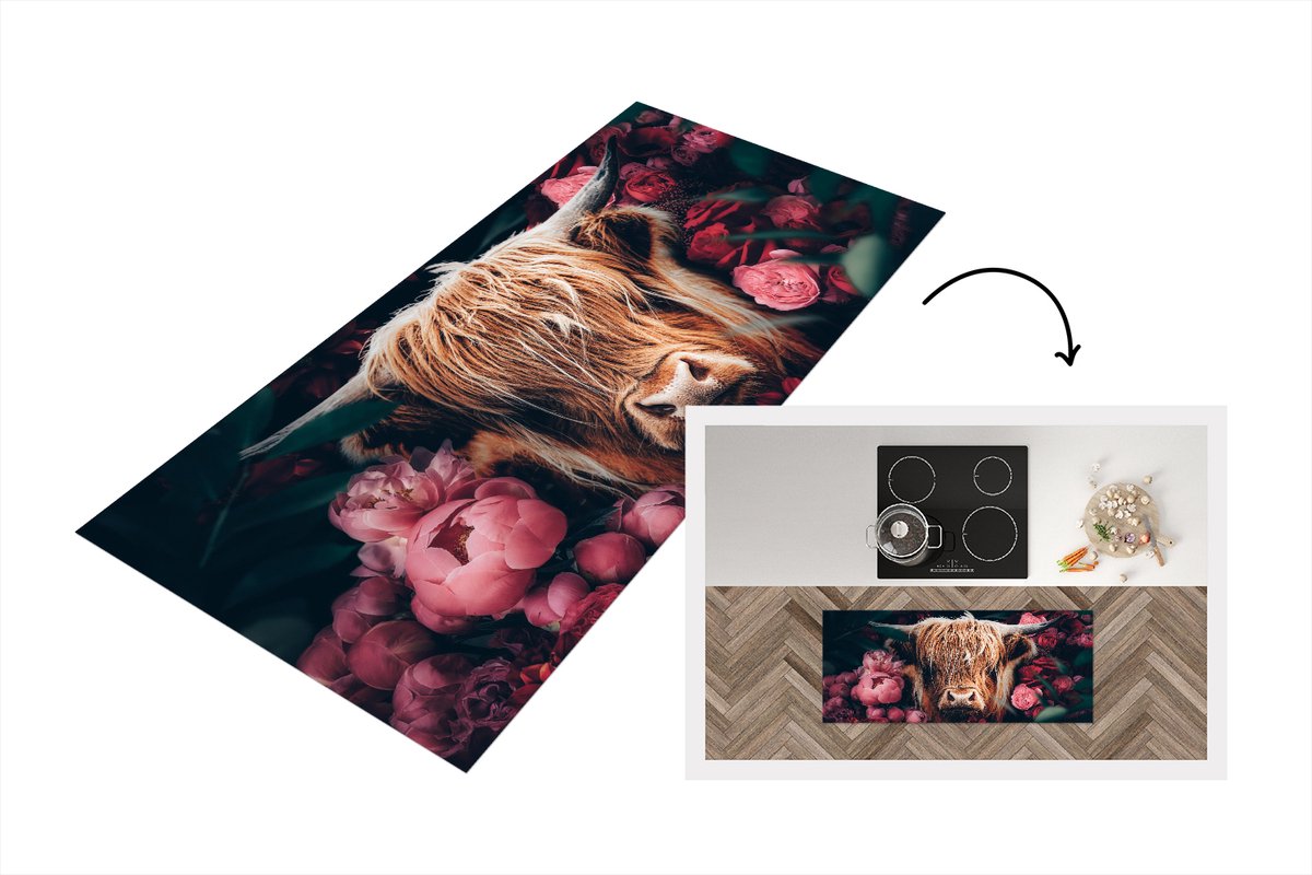 KitchenYeah Keukenloper - Loper keuken - Koe - Schotse hooglander - Bloemen - botanisch - 120x50 cm - Keukenloper vinyl Multicolor